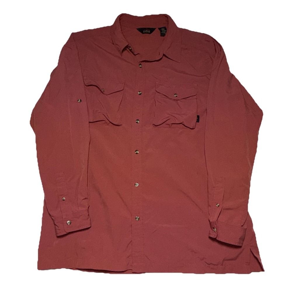 LL Bean Shirt Mens Large Red Nylon Button‎ Long Sleeve Fishing Outdoor Hike